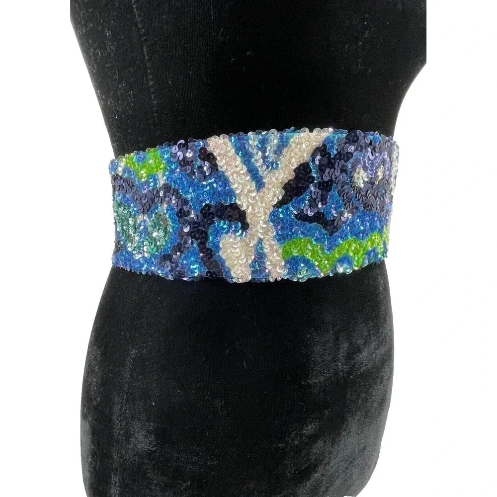 Vintage La Mendola August Mod Heart Hand Beaded Blue Pure Silk Chiffon Belt